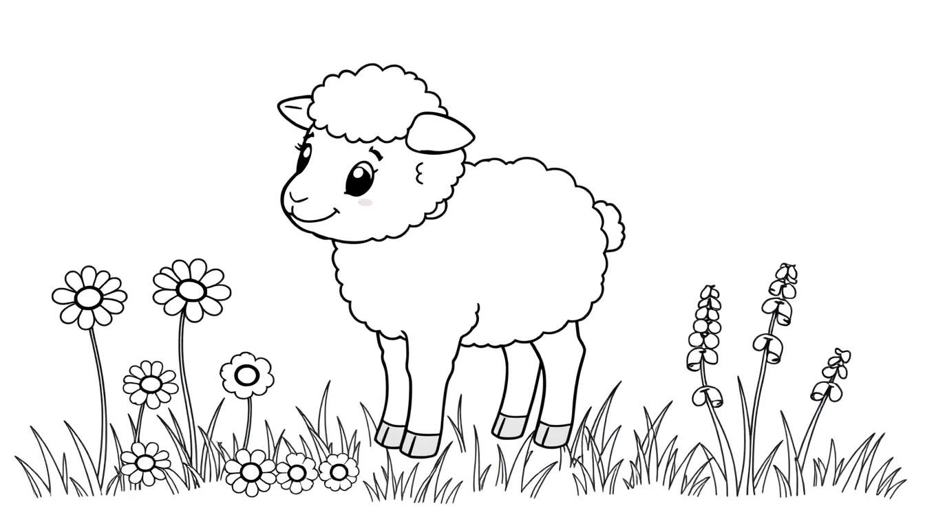 A black and white drawing of a happy lamb in a flower field, ready for the color panel.