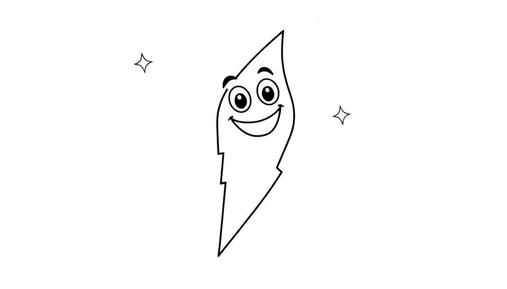 A friendly cartoon lightning bolt character with a happy face, ready for coloring in this black and white color panel. Two small stars flank the character in the background.
