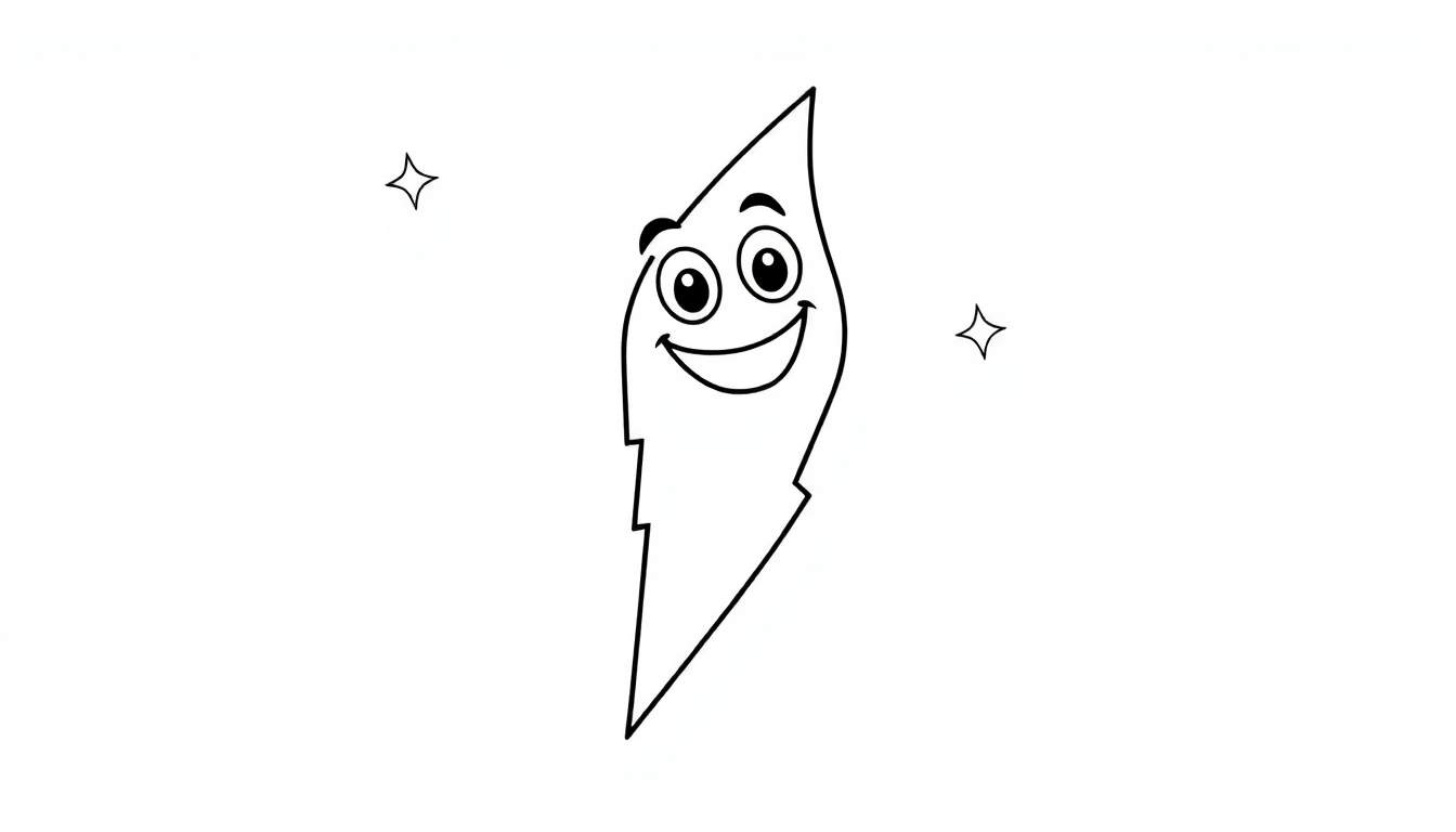 A friendly cartoon lightning bolt character with a happy face, ready for coloring in this black and white color panel. Two small stars flank the character in the background.