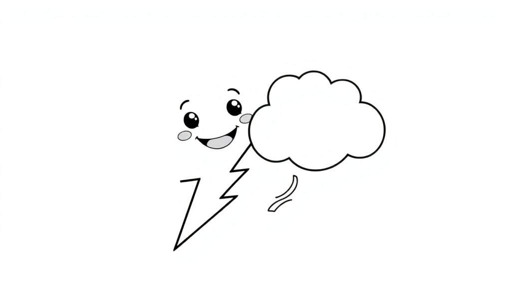 A cute cartoon lightning bolt with a smiling face and rosy cheeks, ready for coloring in a black and white line art color panel.