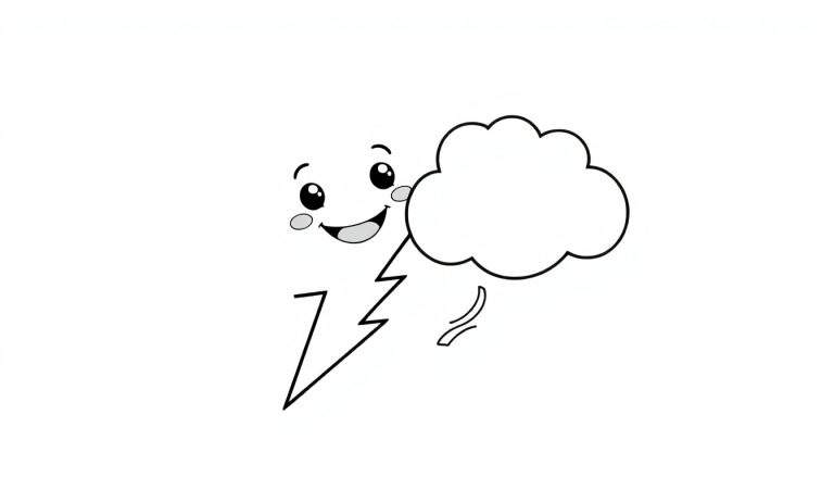 A cute cartoon lightning bolt with a smiling face and rosy cheeks, ready for coloring in a black and white line art color panel.