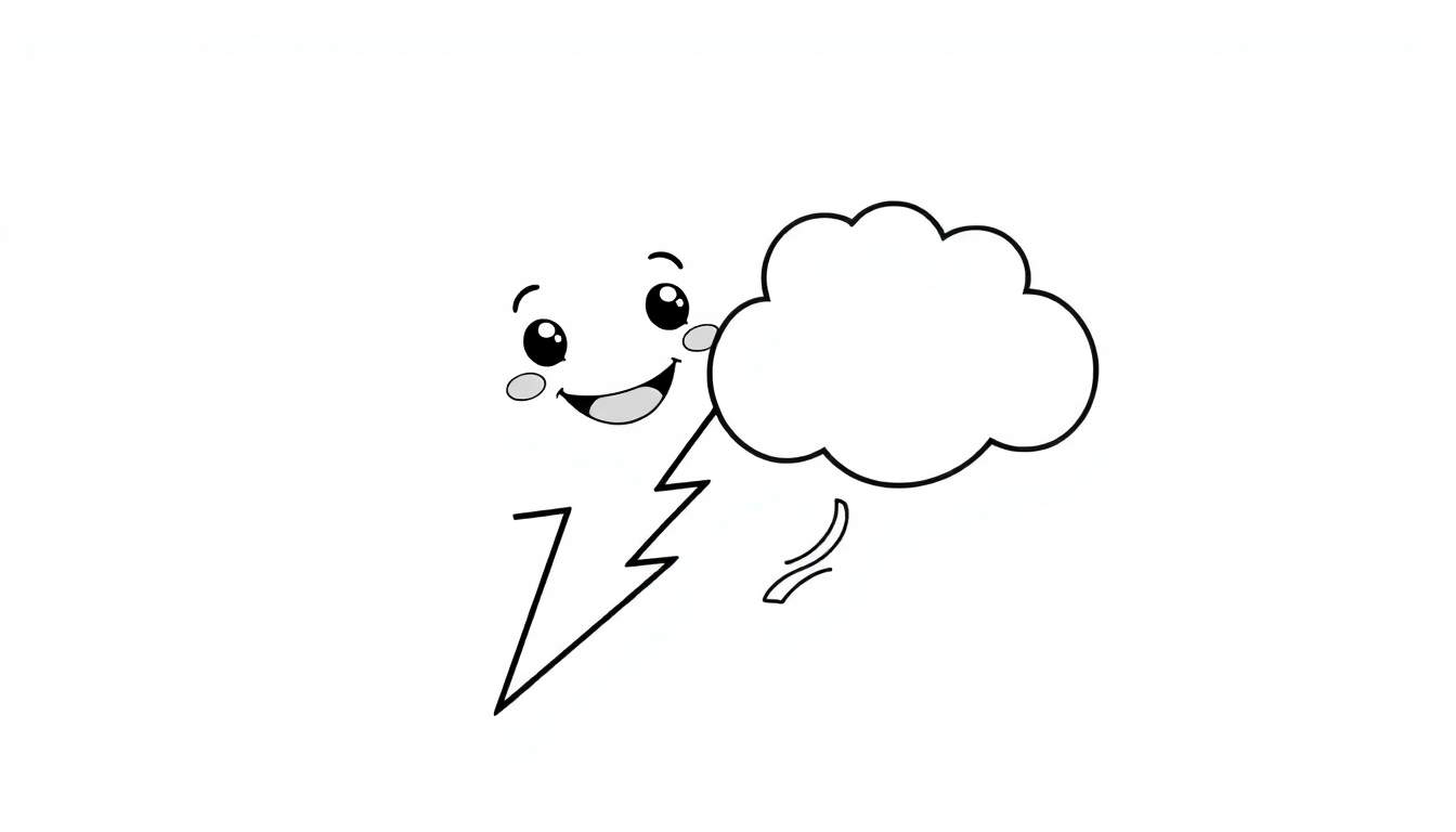 A cute cartoon lightning bolt with a smiling face and rosy cheeks, ready for coloring in a black and white line art color panel.