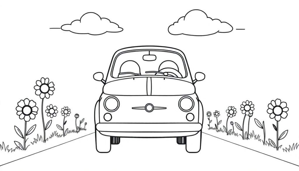 A cute black and white Fiat 500 car in a coloring panel, facing forward with round headlights and a stripe down the middle, driving on a road lined with flowers and grass, under two fluffy clouds. This is a fun color panel for kids.