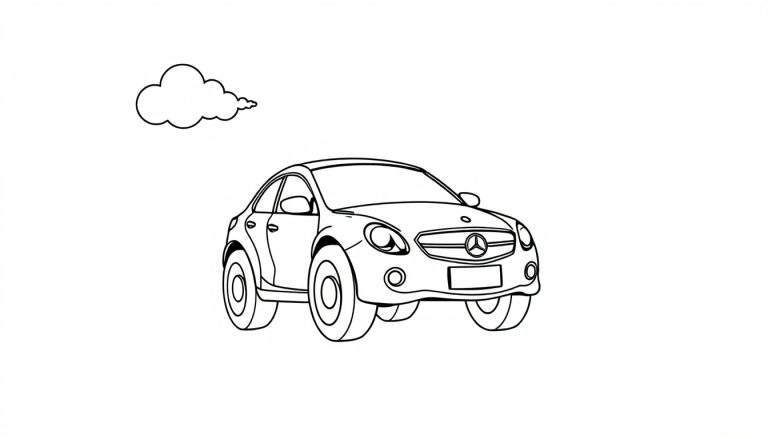 A cute black and white Mercedes-Benz car with big happy wheels driving on a road with fluffy clouds above, a fun color panel for kids.