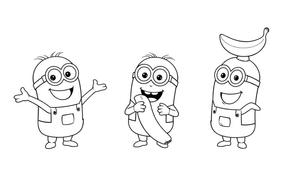 A black and white outline color panel of three happy Minions enjoying bananas.