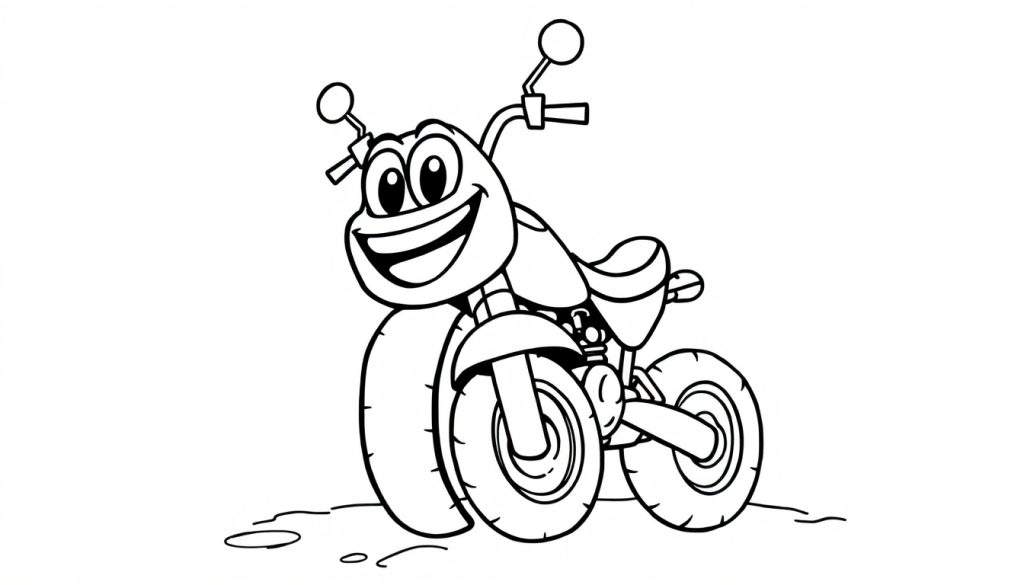 A friendly cartoon motorcycle with a smiling face, ready to be colored in this fun color panel.