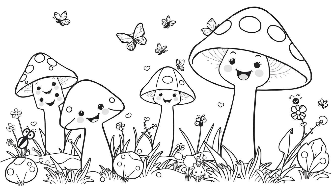A cute black and white mushroom forest color panel for kids with happy mushrooms, butterflies, and flowers.