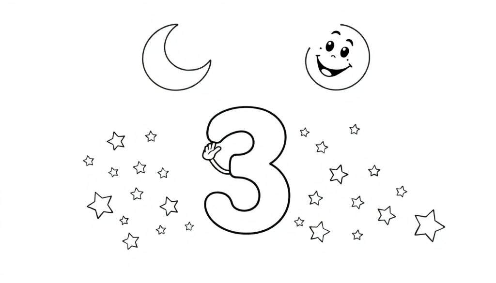 A black and white line art color panel showing the number 3 waving hello under a smiling moon and many stars.