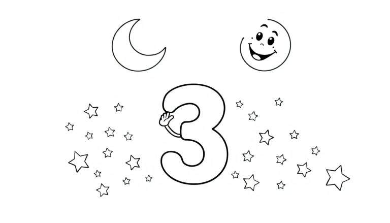 A black and white line art color panel showing the number 3 waving hello under a smiling moon and many stars.
