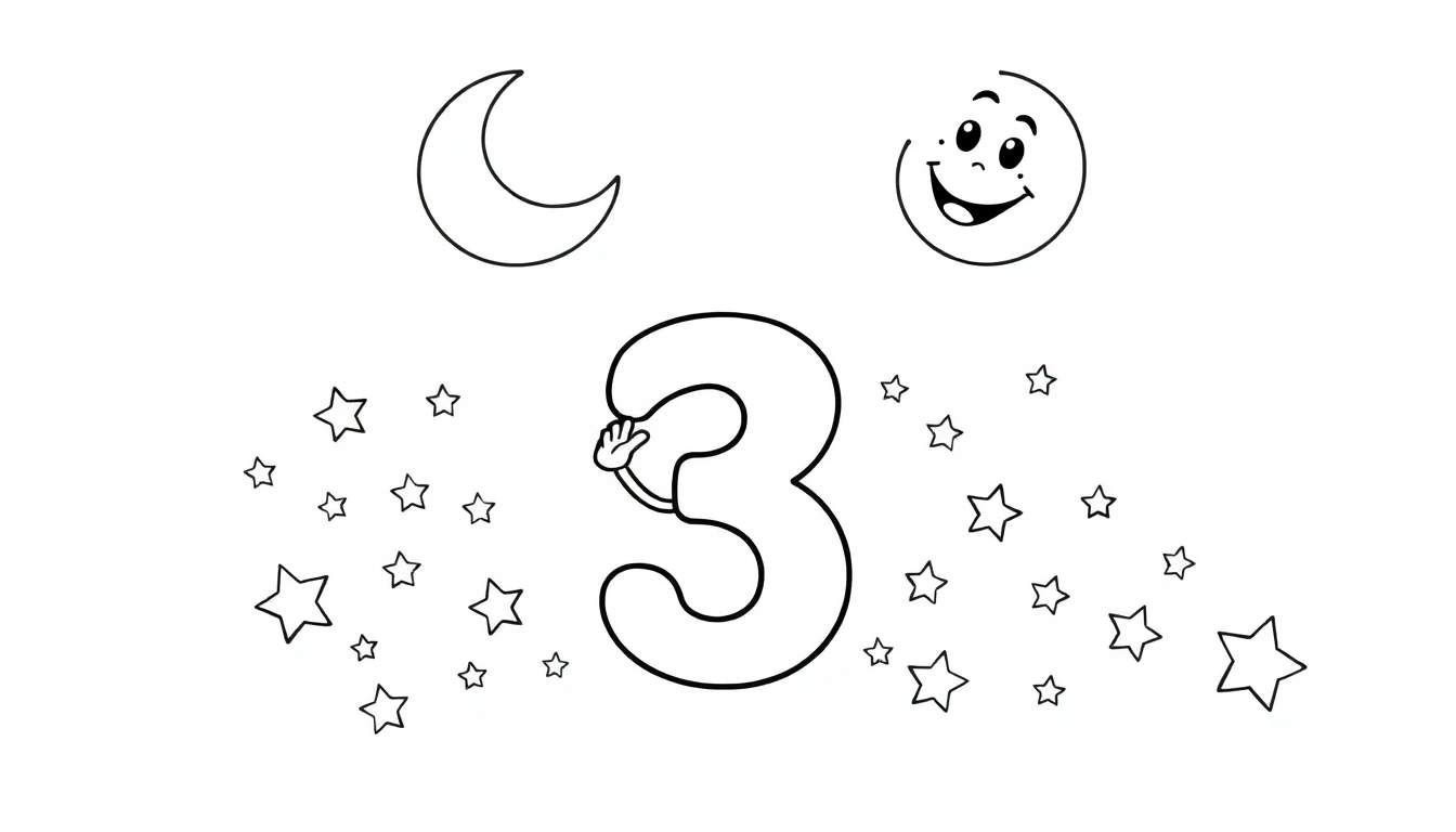 A black and white line art color panel showing the number 3 waving hello under a smiling moon and many stars.
