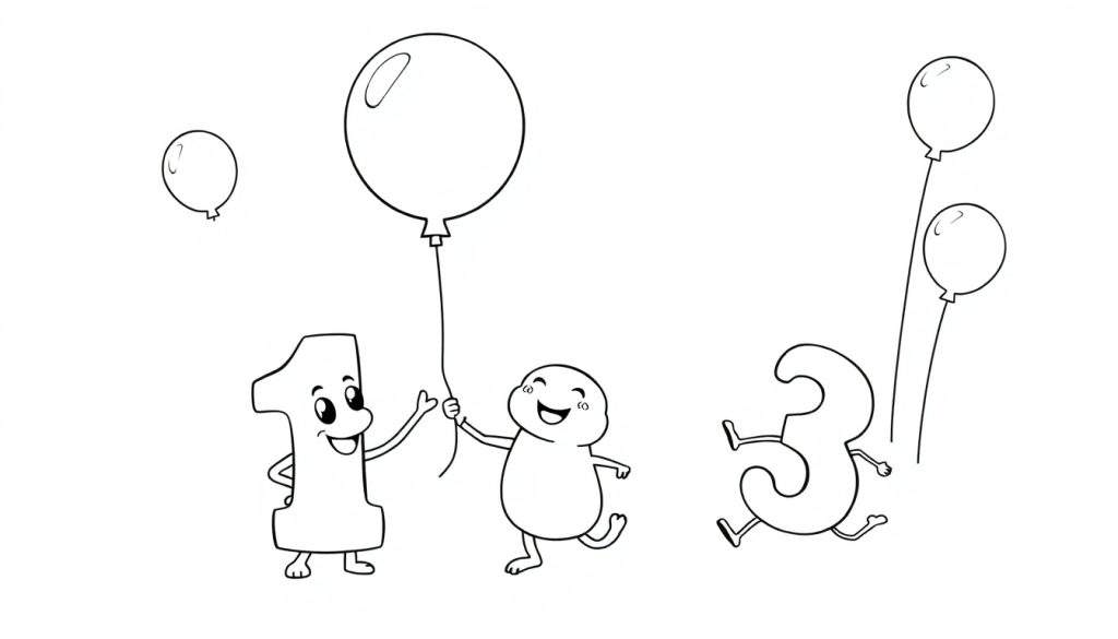 A black and white color panel showing the number 1 and the number 3 celebrating with balloons.
