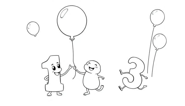 A black and white color panel showing the number 1 and the number 3 celebrating with balloons.