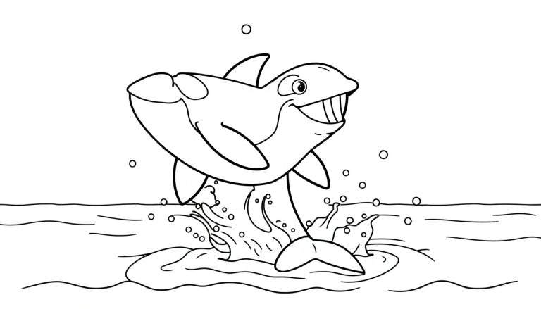 A cartoon orca whale joyfully leaping from the water, ready for a fun color panel adventure.