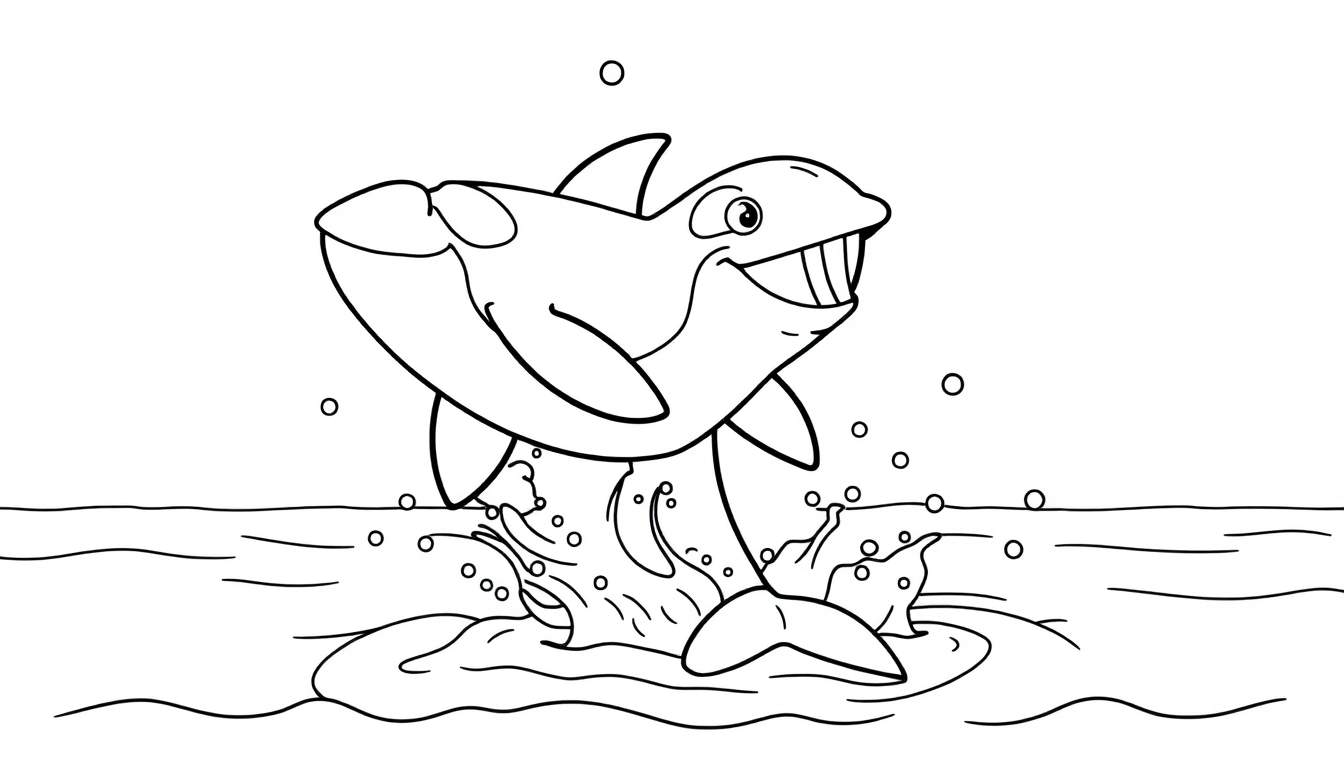 A cartoon orca whale joyfully leaping from the water, ready for a fun color panel adventure.