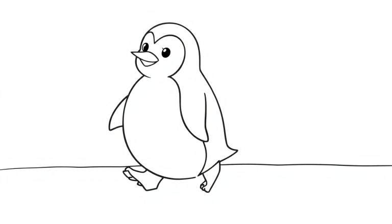 A cute black and white penguin walking, a fun color panel for kids.