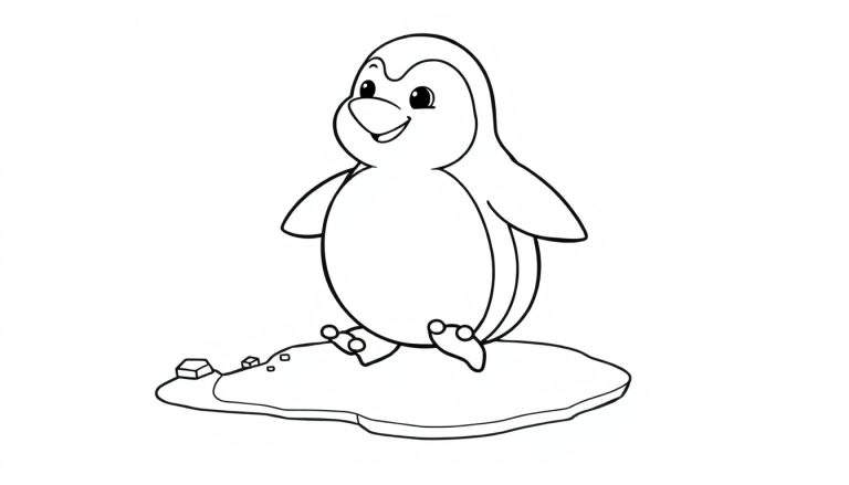 A cute baby penguin on an ice floe, ready for coloring in this color panel.