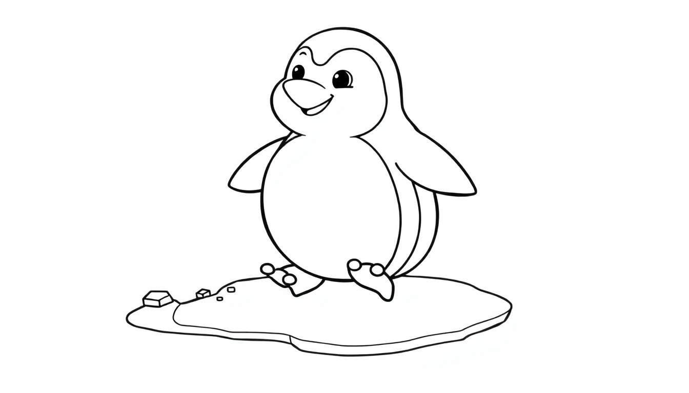 A cute baby penguin on an ice floe, ready for coloring in this color panel.