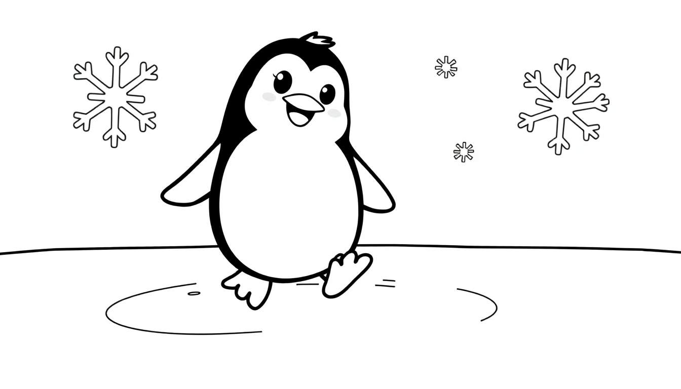 A cute cartoon penguin on an ice color panel, smiling as it skates with snowflakes around it. This black and white color panel is perfect for kids!