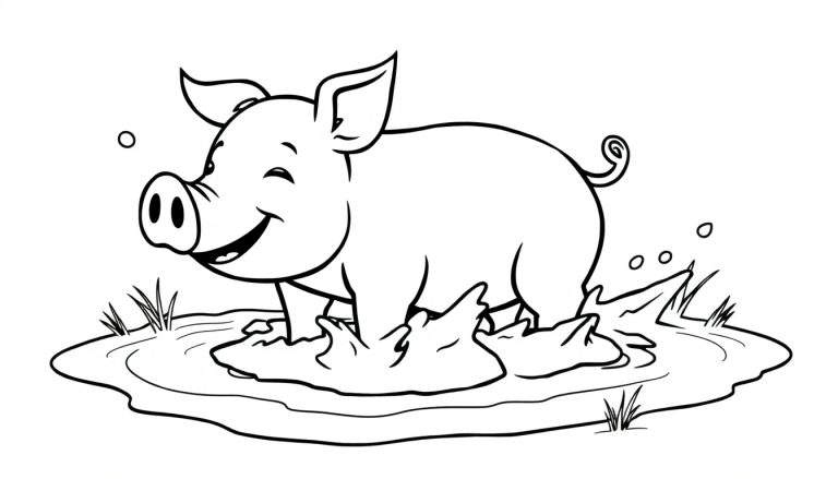 A happy black and white cartoon pig enjoying a muddy puddle, a delightful color panel for kids.