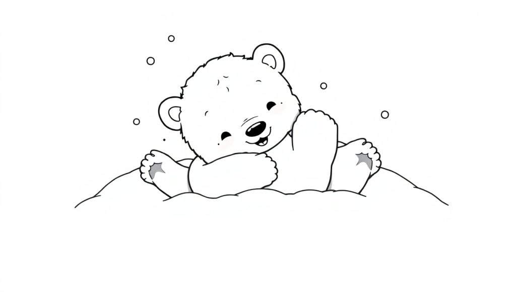 A cute cartoon polar bear cub sitting in the snow, ready for its color panel adventure.