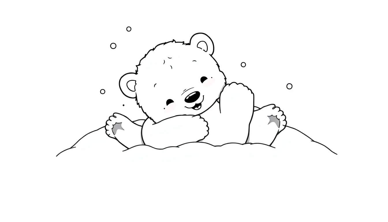 A cute cartoon polar bear cub sitting in the snow, ready for its color panel adventure.