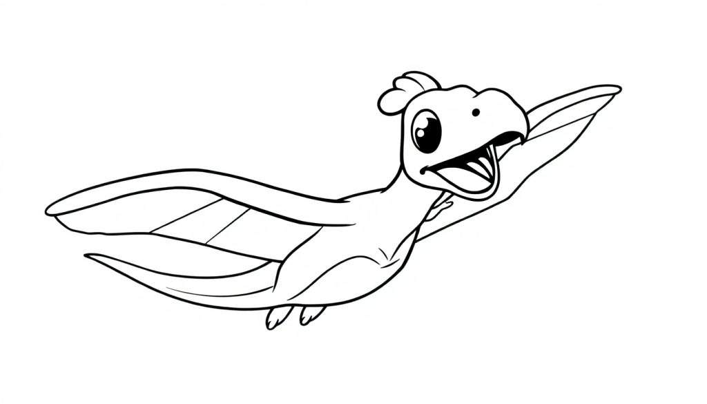A cute black and white Pteranodon color panel drawing with wide eyes and an open mouth.