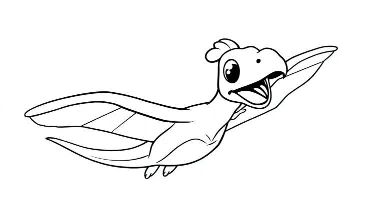 A cute black and white Pteranodon color panel drawing with wide eyes and an open mouth.
