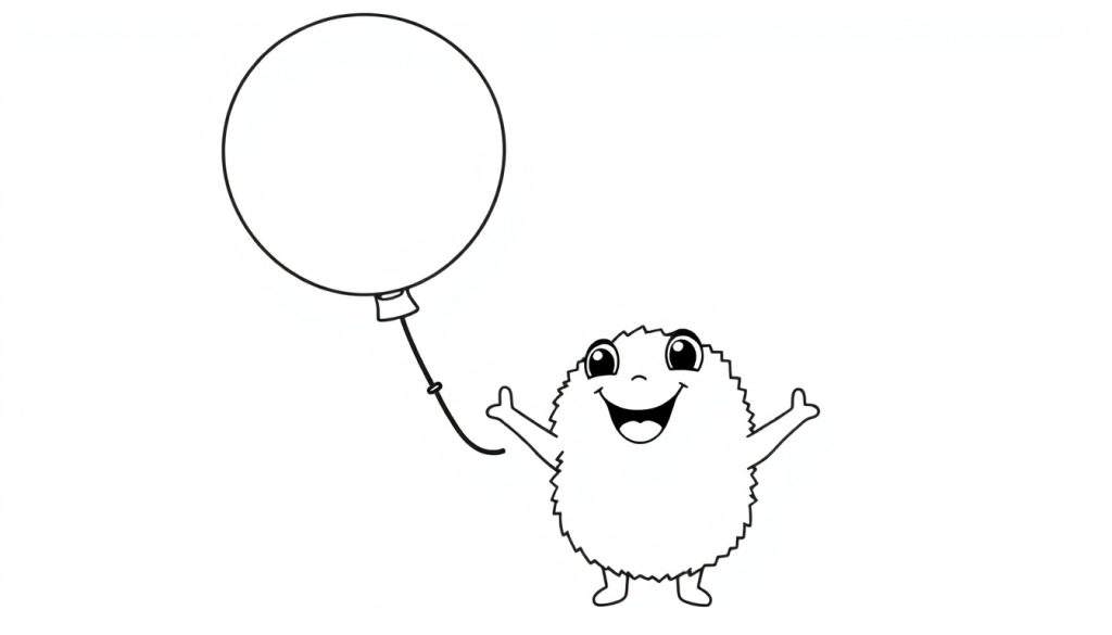 A cute, fluffy cartoon character with big eyes and a smile holding a balloon, ready for a color panel.