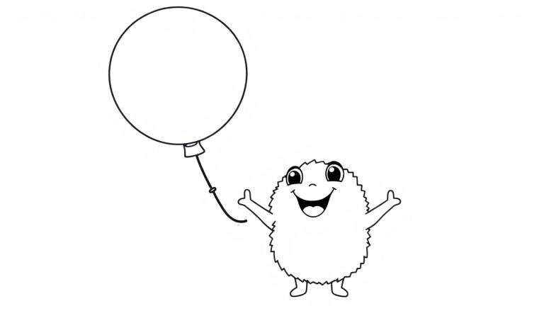 A cute, fluffy cartoon character with big eyes and a smile holding a balloon, ready for a color panel.