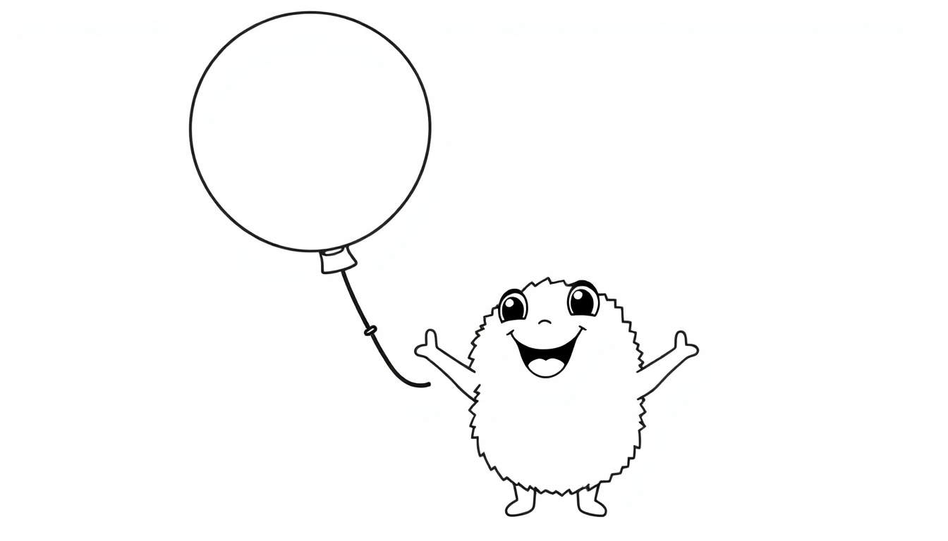 A cute, fluffy cartoon character with big eyes and a smile holding a balloon, ready for a color panel.