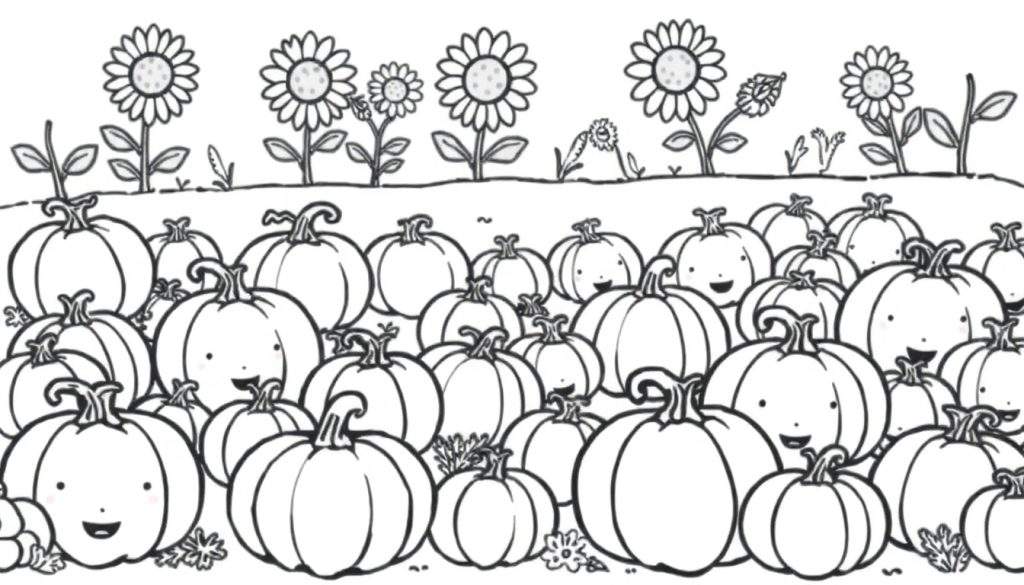 A black and white cartoon color panel of a friendly pumpkin patch with happy pumpkins and sunflowers.