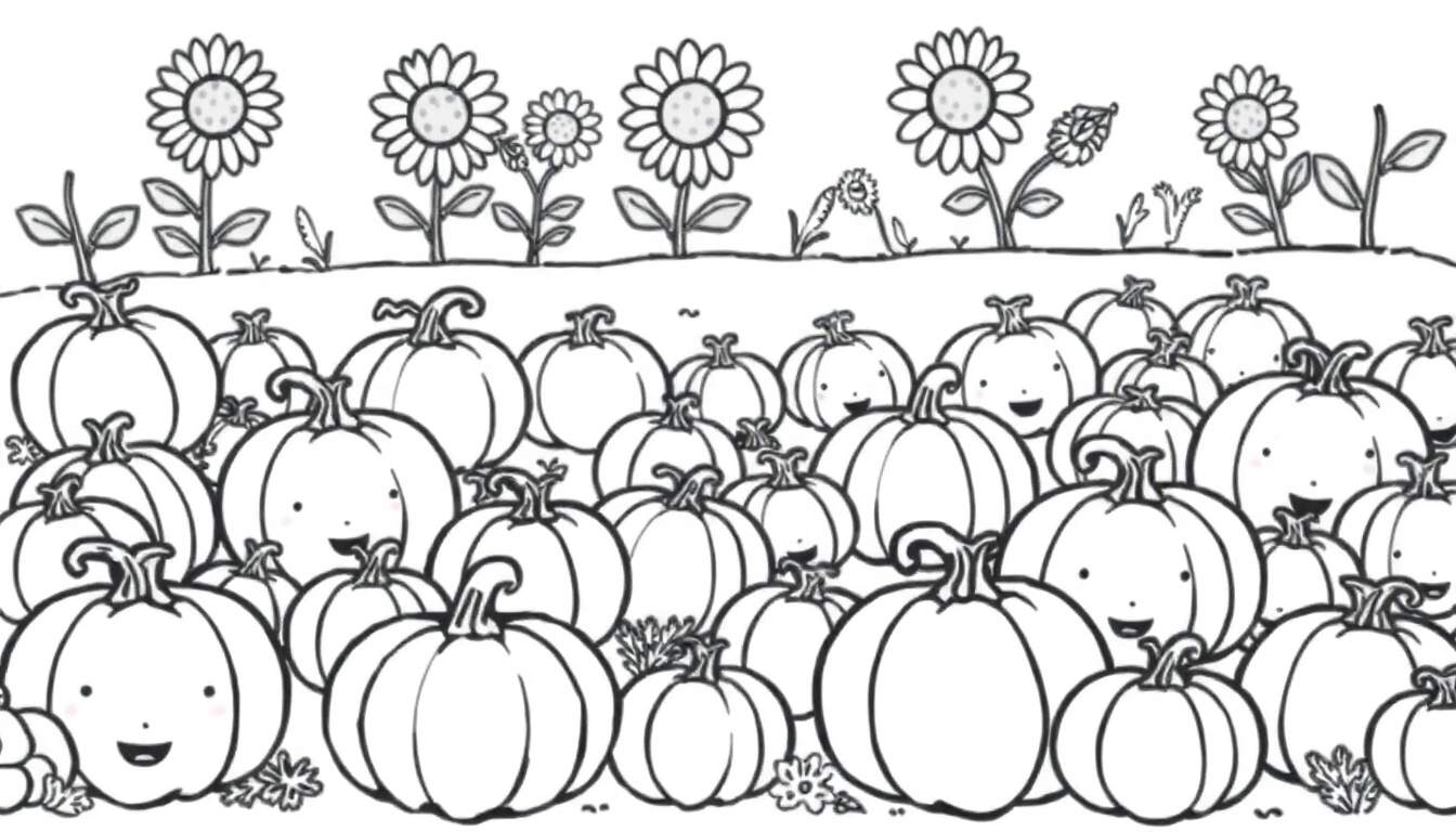 A black and white cartoon color panel of a friendly pumpkin patch with happy pumpkins and sunflowers.
