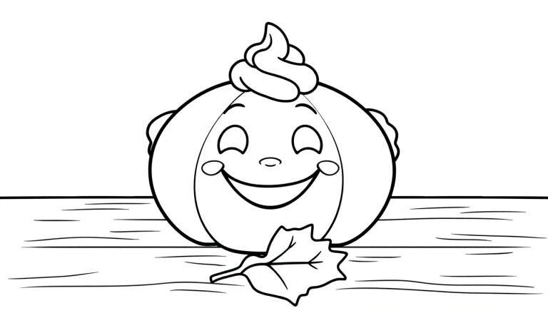 A cute cartoon pumpkin with a big smile and a swirl of whipped cream on top, ready to be colored in this fun color panel.