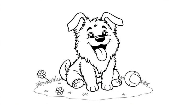 A happy, furry puppy with big ears, a huge smile, and its tongue sticking out, sitting on grass with a ball and flowers, ready to be colored. A delightful color panel for kids.