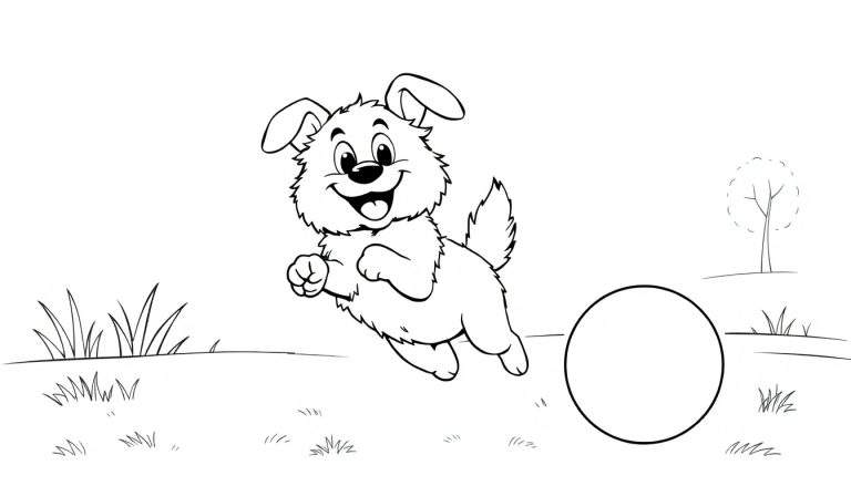 A joyful cartoon puppy mid-leap in a black and white color panel, chasing a ball near a tree and grass.