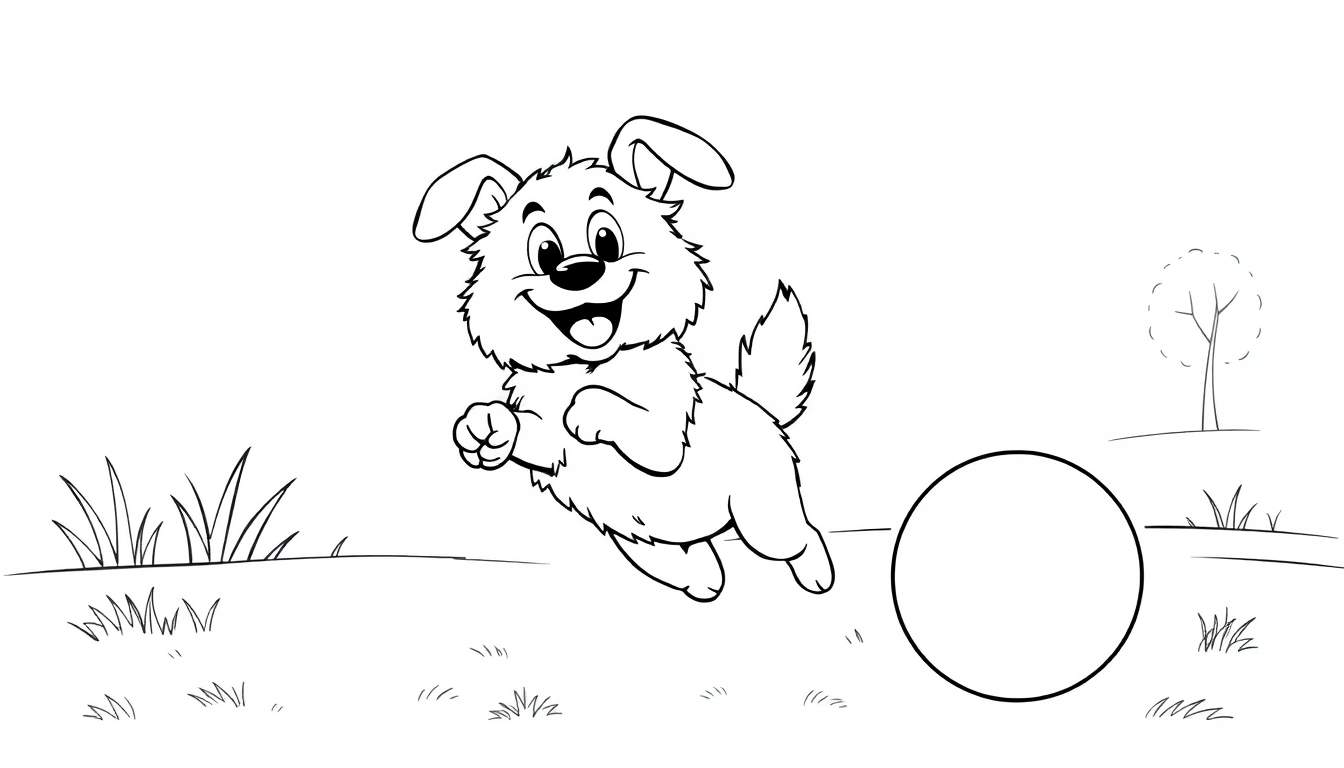 A joyful cartoon puppy mid-leap in a black and white color panel, chasing a ball near a tree and grass.
