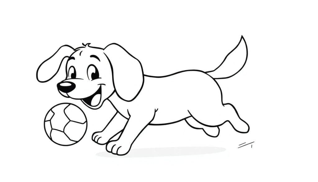 A happy cartoon dog with its tail up, ready to play with a soccer ball, in a black and white color panel outline.