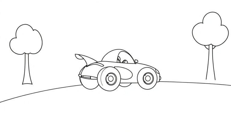 A happy cartoon race car with big wheels and a spoiler on a hill, with two fluffy-topped trees, a black and white color panel.