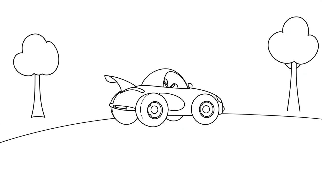 A happy cartoon race car with big wheels and a spoiler on a hill, with two fluffy-topped trees, a black and white color panel.