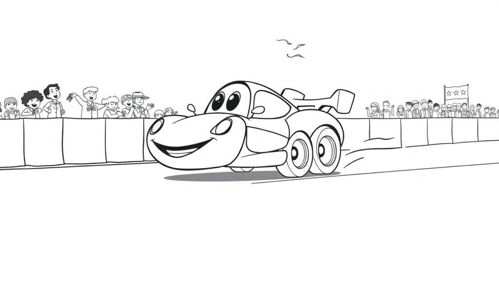 A happy cartoon race car with a smiling face in a black and white coloring panel, speeding on a track with cheering crowds and speed lines.