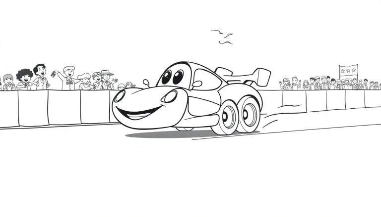 A happy cartoon race car with a smiling face in a black and white coloring panel, speeding on a track with cheering crowds and speed lines.