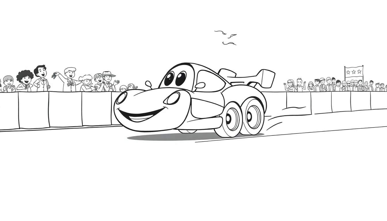 A happy cartoon race car with a smiling face in a black and white coloring panel, speeding on a track with cheering crowds and speed lines.