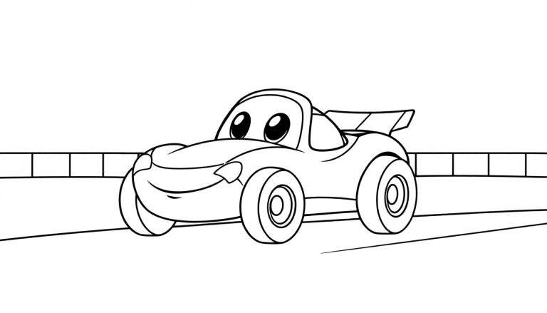 A smiling cartoon race car coloring panel speeding on a track.