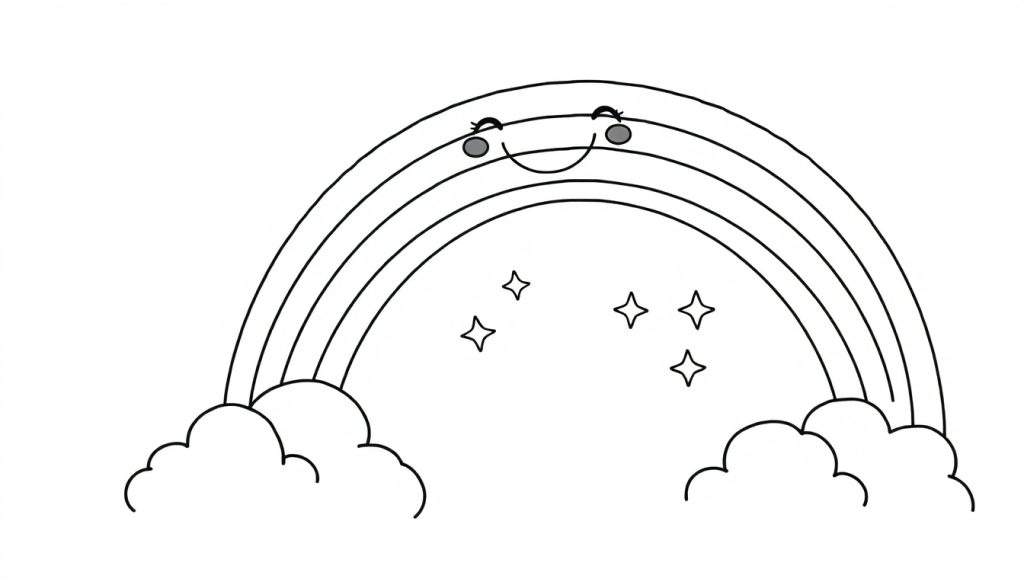 A black and white line drawing of a cheerful, smiling rainbow with a cute face, surrounded by fluffy clouds and twinkling stars. This color panel is perfect for kids to color in.