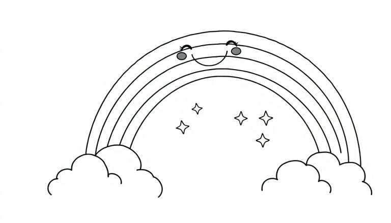 A black and white line drawing of a cheerful, smiling rainbow with a cute face, surrounded by fluffy clouds and twinkling stars. This color panel is perfect for kids to color in.