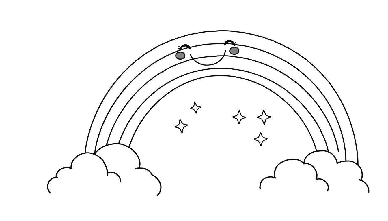 A black and white line drawing of a cheerful, smiling rainbow with a cute face, surrounded by fluffy clouds and twinkling stars. This color panel is perfect for kids to color in.