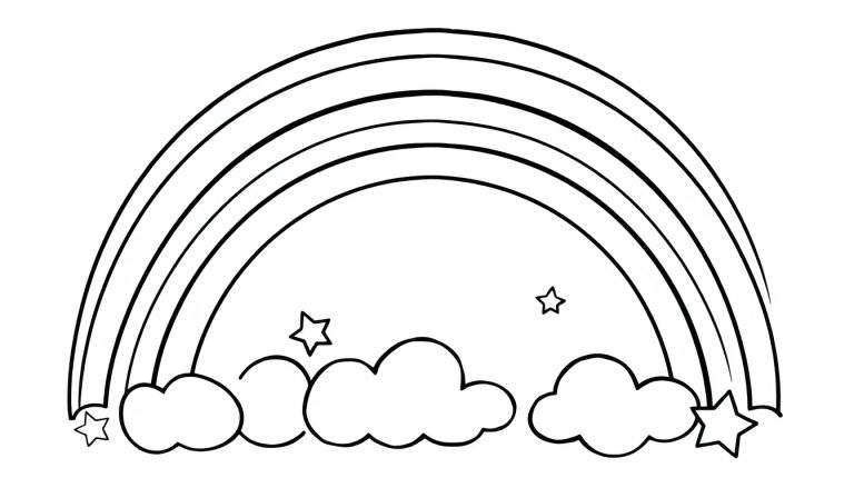 A simple black and white drawing of a rainbow arching over three clouds with five-pointed stars, ready for a color panel.