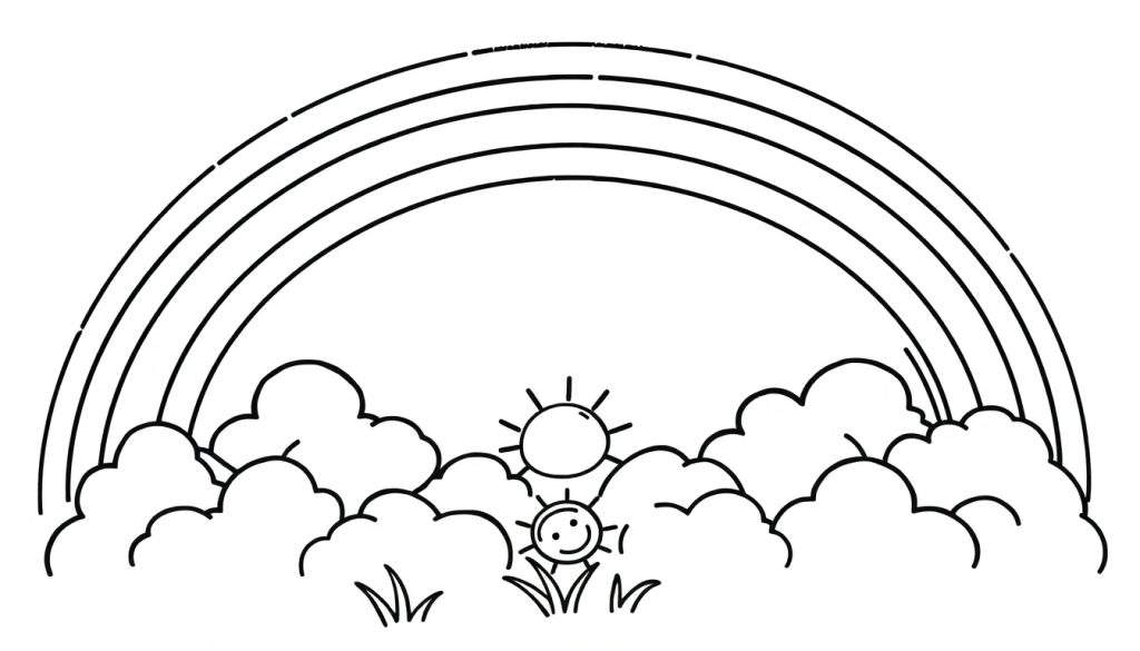 A black and white line drawing of a cheerful landscape with a rainbow, suns, clouds, and grass, ready for coloring. A fun color panel awaits!