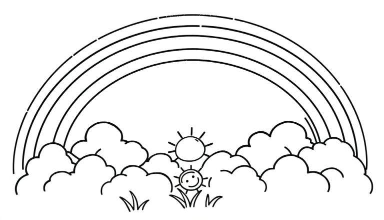 A black and white line drawing of a cheerful landscape with a rainbow, suns, clouds, and grass, ready for coloring. A fun color panel awaits!