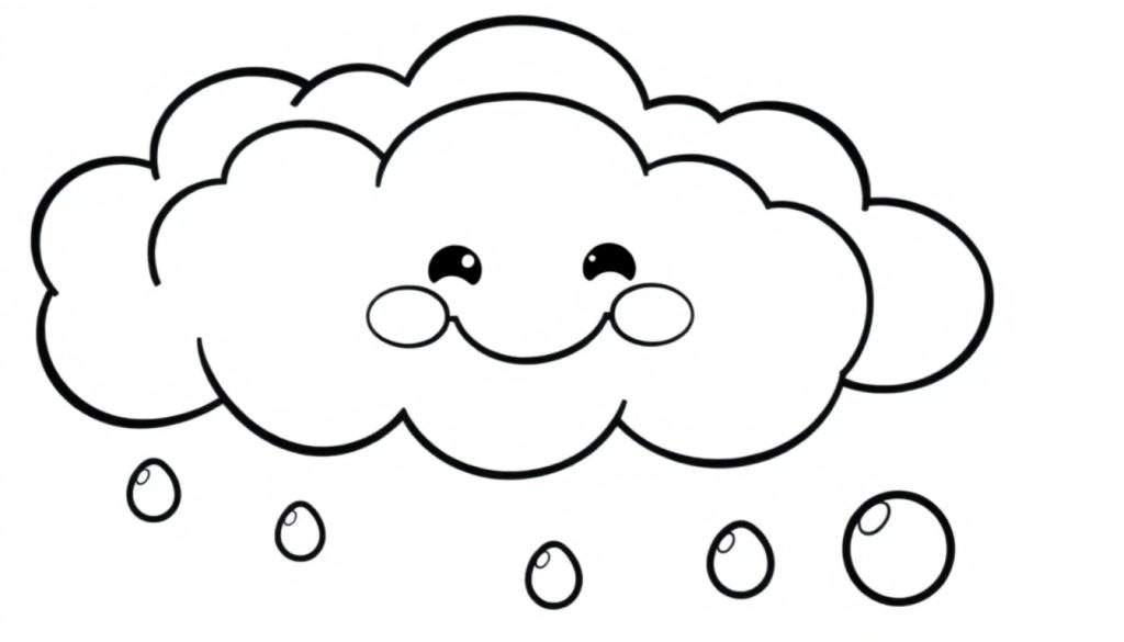 A smiling cloud raining large, bubbly raindrops, ready for a color panel.